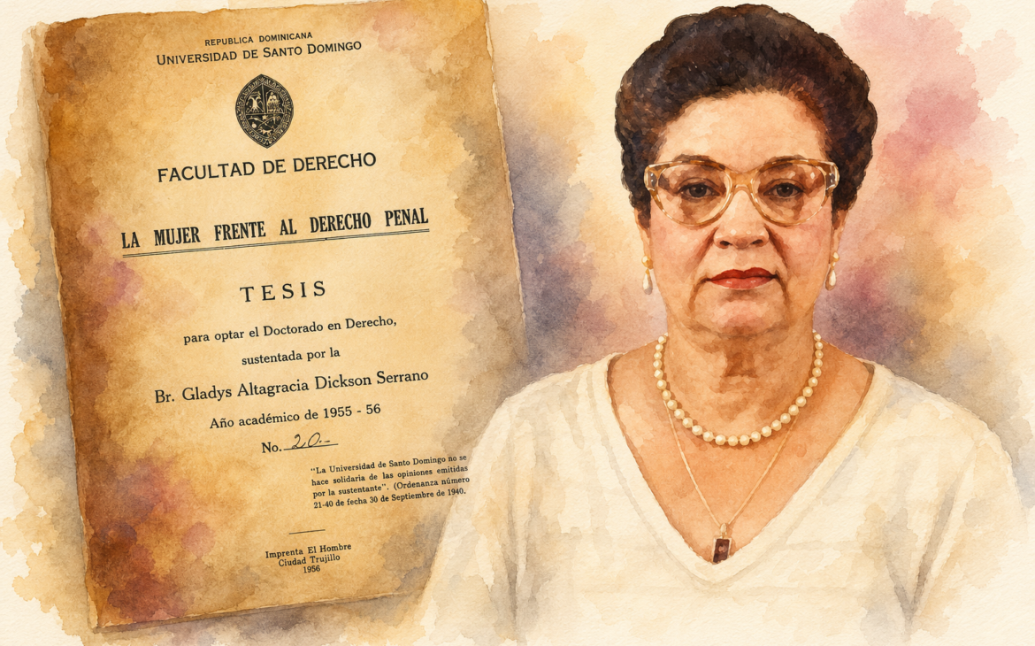 Gladys Dickson Serrano figura con la matrícula número 026 del Colegio Dominicano de Notarios, institución constituida el 3 de junio de 1967 —apenas tres años después de que la Ley No. 301 de 1964 organizara la función notarial moderna en el país— por un grupo de 35 profesionales encabezado por el doctor Ponciano Rondón Sánchez.