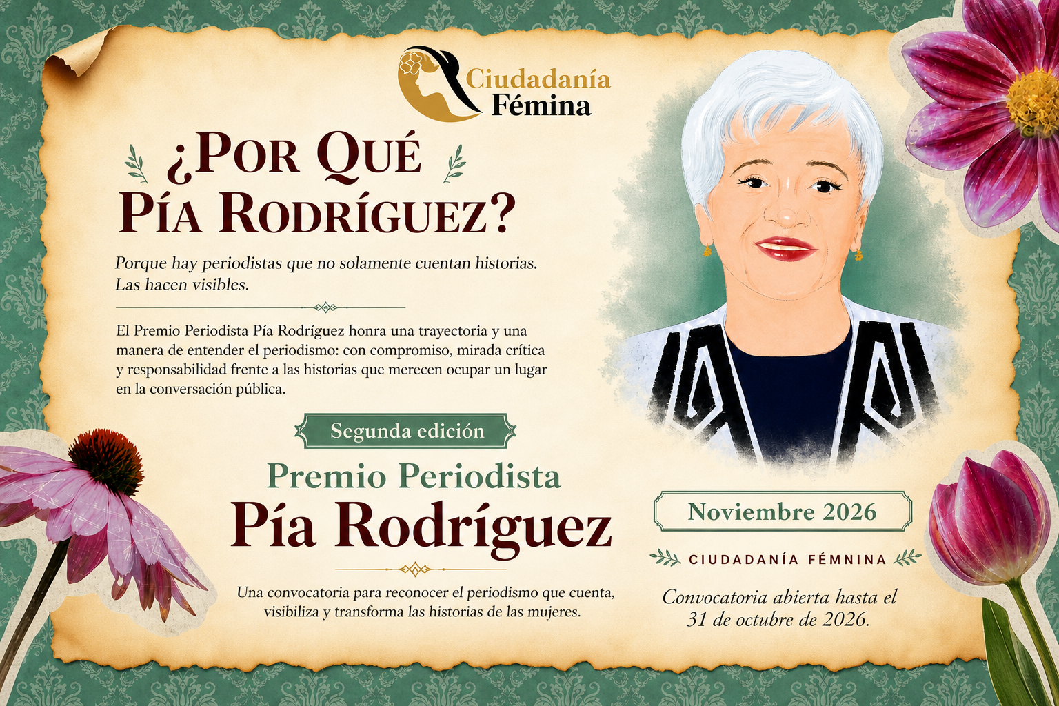 En julio de 2025, Ciudadanía Fémina y el Foro de Mujeres Periodistas Dominicanas crearon el Premio Periodista Pía Rodríguez, entregado por primera vez en la Biblioteca Infantil y Juvenil República Dominicana de Santo Domingo. El galardón reconoce a mujeres dominicanas que, como ella, hayan sido pioneras en sus áreas de actividad económica, social o profesional. Y nos preparamos para su segunda edición, en este noviembre de 2026. 